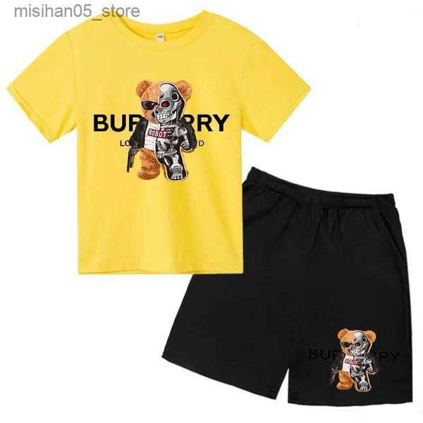 Clothing Sets Childrens Machine Bear Printed Boys-Girls T-shirt Kindergarten Top+Shorts 2P 3-13Y Birthday Gift Casual Fashion Sports Sunshin