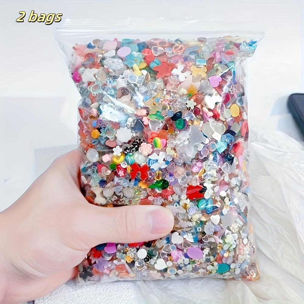TEMU 2 Bags (500-600pcs) 3d Resin Nail Art Charms - Mixed Color Heart Flower Bow Shapes With Rhinestones, Glossy Diy Nail Decorations For Manicure