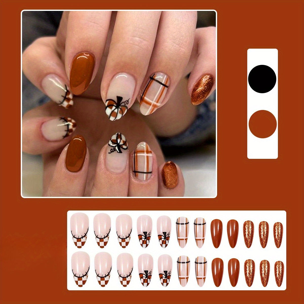 TEMU 48pcs Thanksgiving Nail Art Set - Checkered Pumpkin Design, Glossy Finish, Oval Shape, Medium Length, Autumn Coffee Color, Instagram Style,