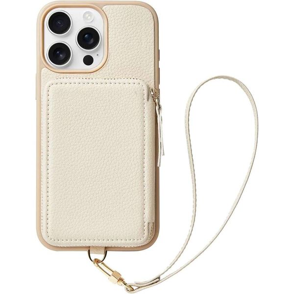 Max Case, 3 Wallet Zipper Leather Card Holder RFID Blocking with Wrist Strap Women for iPhone 16 Pro Max, 6.9&quot;-Beige