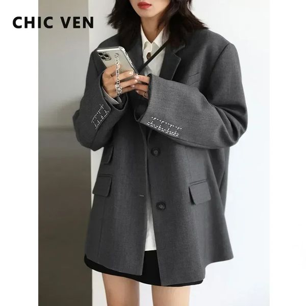 CHICVEN Women Office Lady Blazer Cuff Embroidery Wide Shoulder Twill Suit Womens Autumn Ladies Outerwear Stylish Tops 241127