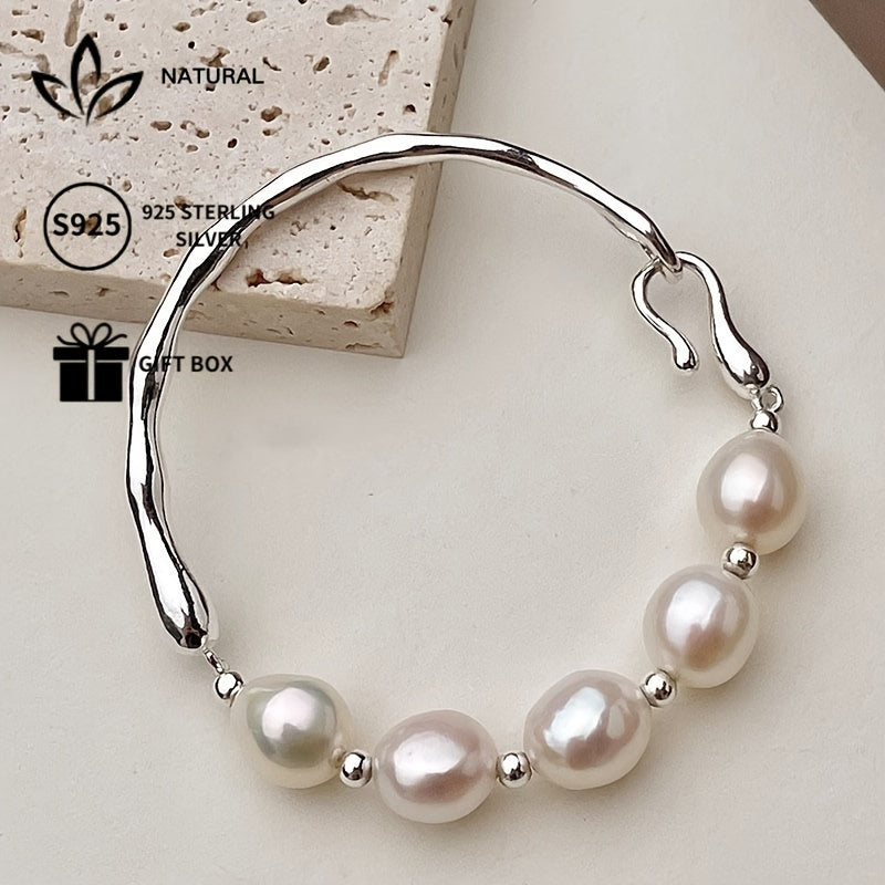 TEMU S925 Sterling Silver Adjustable Bracelet With Glossy Natural Gemstone Beads - Fashionable Vacation Themed Jewelry