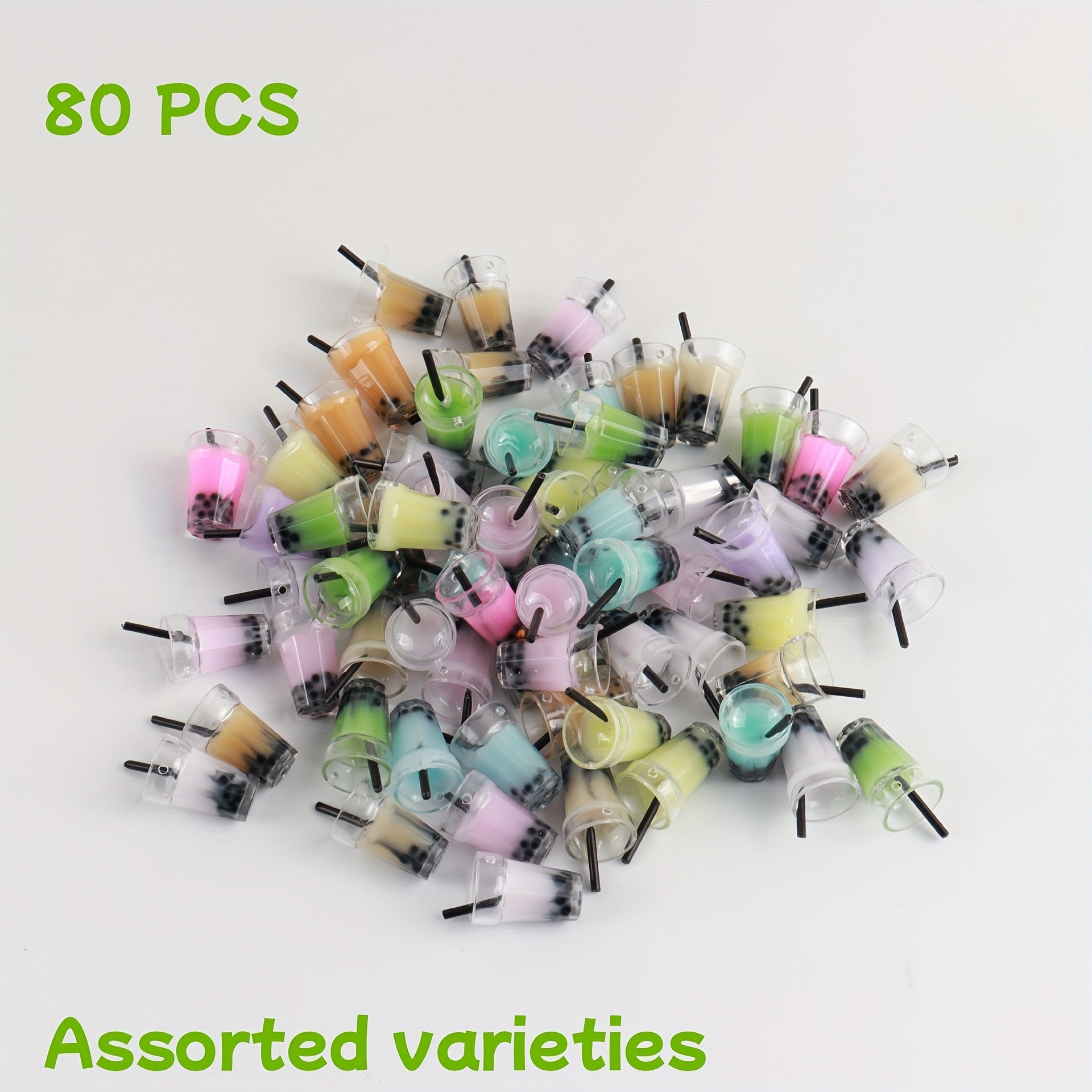 TEMU 80pcs Simulation Bubble Tea Straw Cups - Colorful Diy Craft Supplies With Black Plastic Straws, Translucent Resin Material For Jewelry Making,