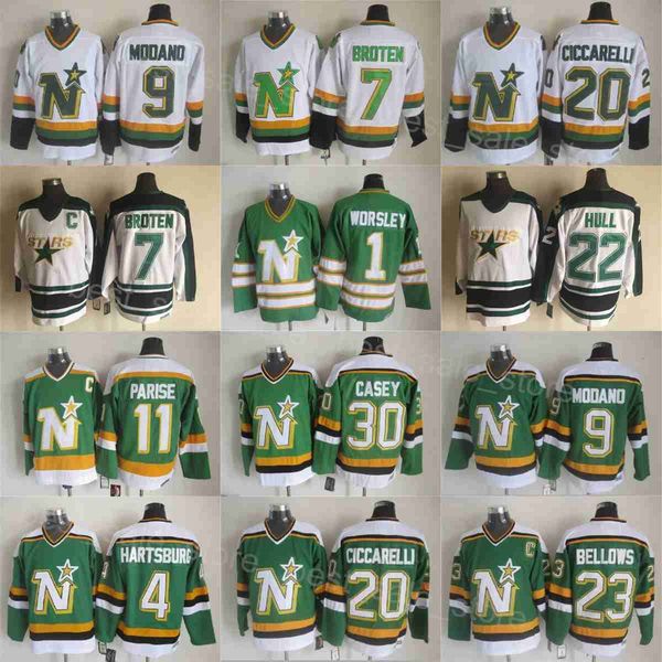 Retro Stars Hockey 9 Mike Modano Jersey Throwback 7 Neal Broten 23 Brian Bellows 4 Craig Hartsburg 20 Dino Ciccarelli 1 Gump Worsley 11 J.P.