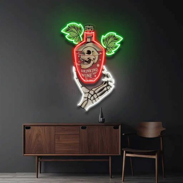 Drink Skull Neon Sign Wall Art Decor Personalized Aesthetics Death Wall Hanging Bar Beer Club UV Sign Game Room Home DecorCL240725