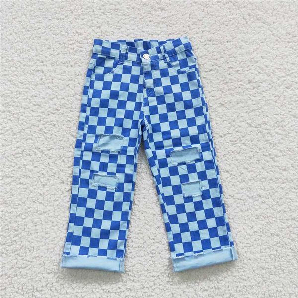 Wholesale Toddler Zipper Pants Kid Infant Pocket Black Checkered Children Denim Trousers Baby Boy broken-hole Jeans New Clothing