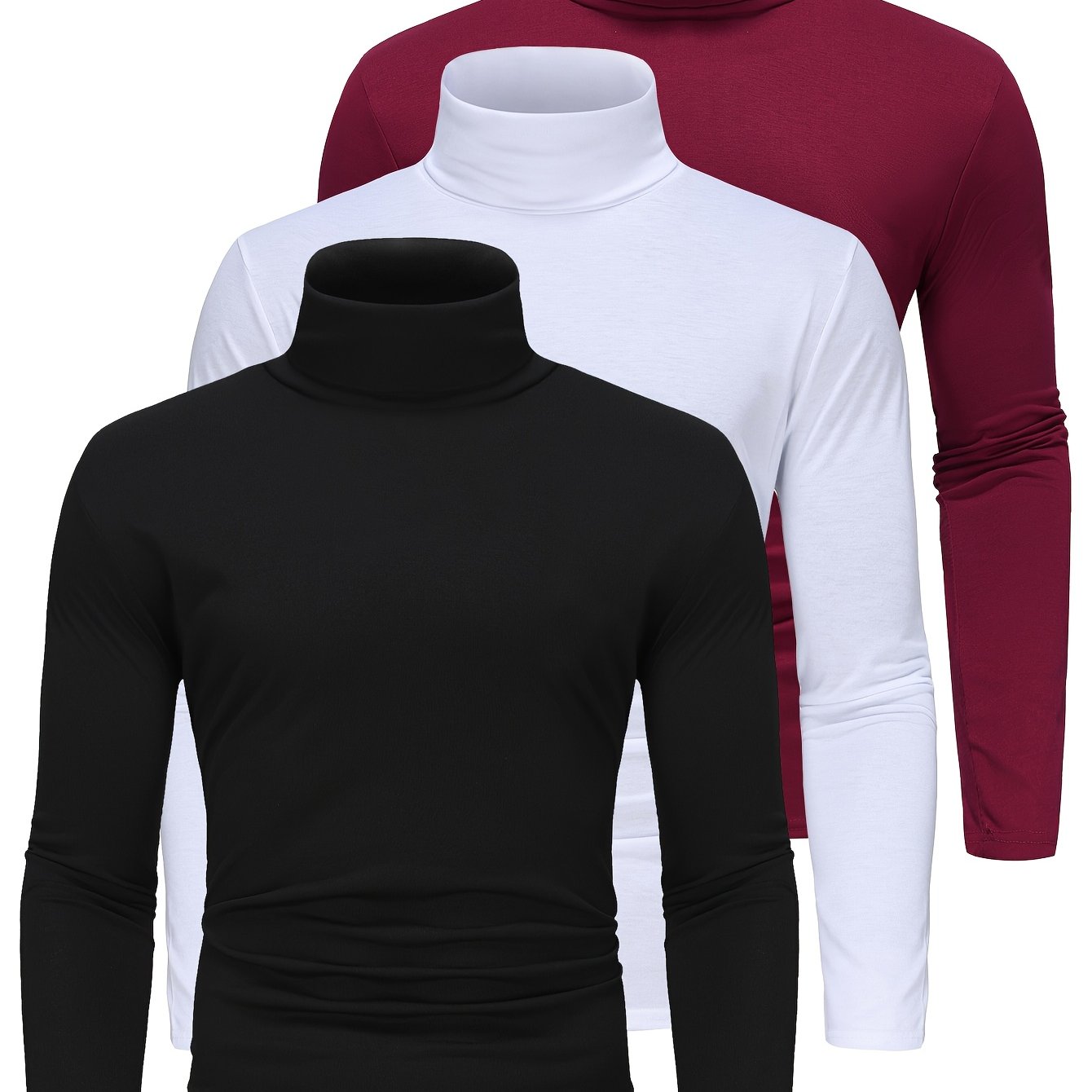TEMU 3-pack Men's High Neck Long Sleeve T-shirts - Solid Color Stretch Knit Polyester Base Layer Shirts For Fall-winter