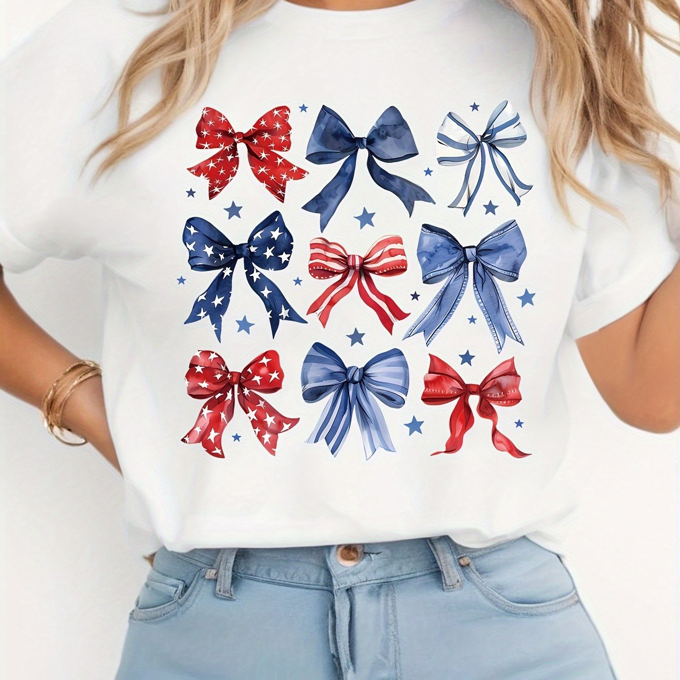 TEMU Patriotic Bow Print Fashion T-shirt, Women's Casual Round Neck, Polyester Fabric Top, Suitable For All , Short Sleeve, Regular Fit, Graphic
