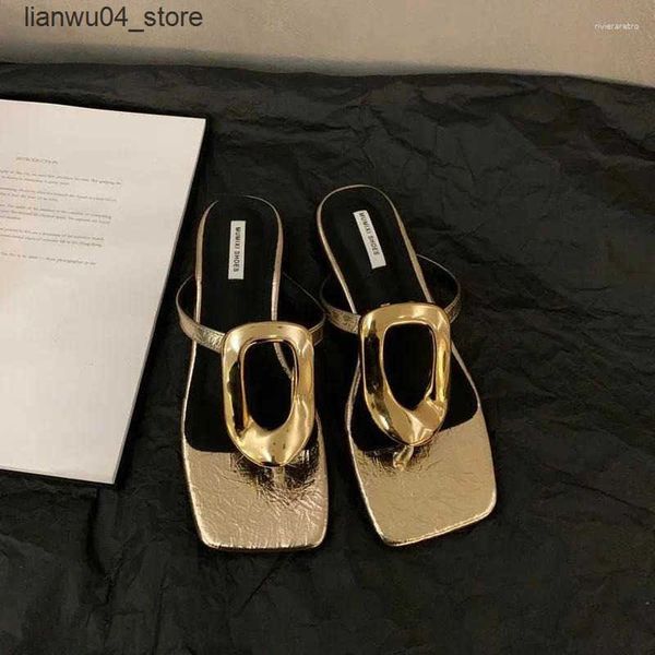 Sandals Sandals Women 2024 Summer Square Toe Flip Flops Golden Heel Slippers Elegant Thong Slippers Ladies Party Shoes H250107