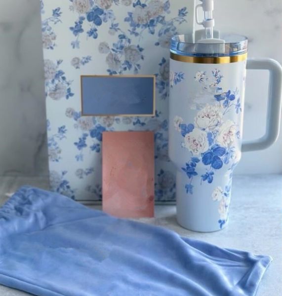 Pink Rose Blue Magnolia 40oz Mug Tumbler With Handle Tumblers Lids Straw Stainless Steel Coffee Termos Cup Vacuum Insulated Blue Orchid Wate