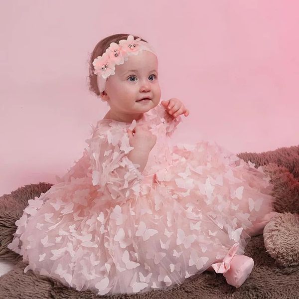 Baby Girl Dress Toddler Birthday Party Costume Long Sleeve Butterfly Sweet Princess Dresses Spring Summer Gauze Pink Midi Dress 250120