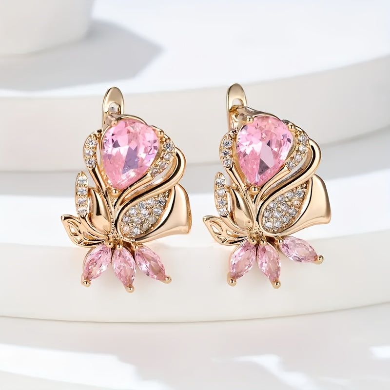 TEMU 1 Pair Elegant Pink Cubic Synthetic Leaf & Teardrop Earrings For Women, Wedding & Party, Pink Dangle Hoops With Leaf Accent, Valentine’s Gift,