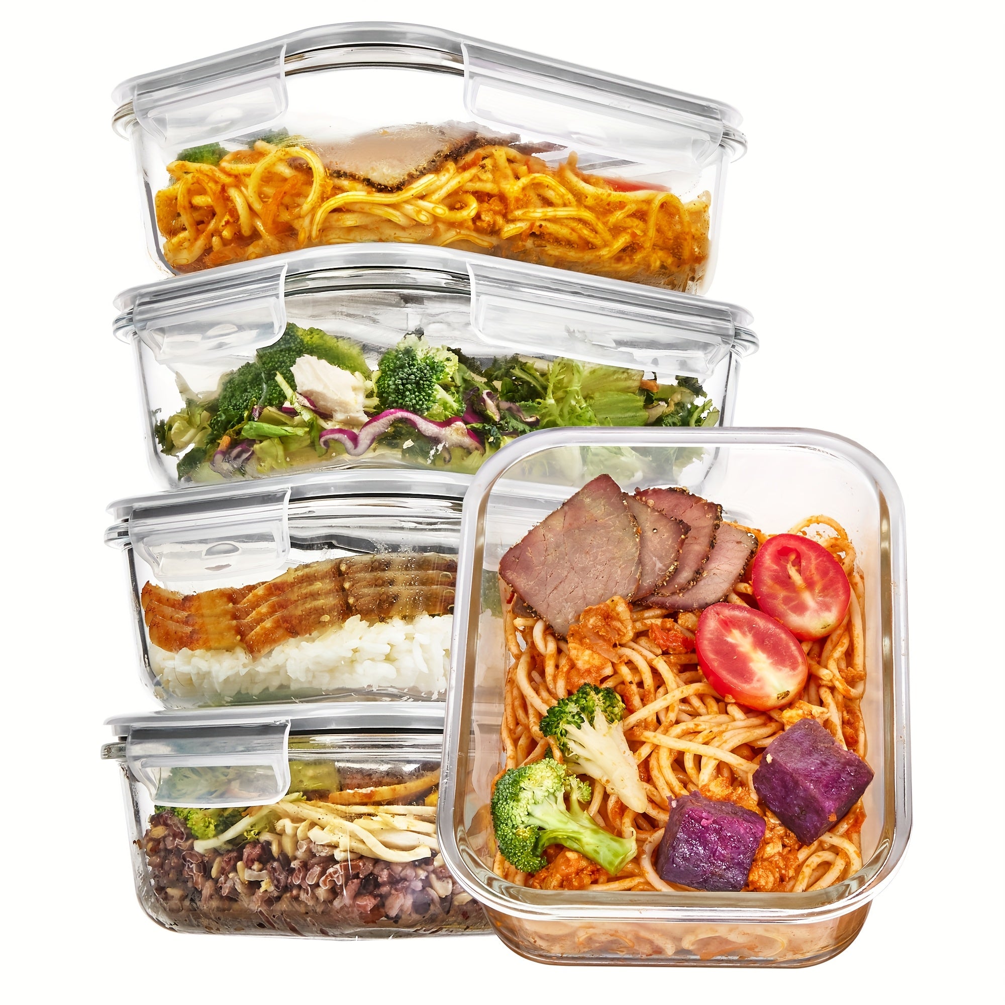 TEMU 5 Pack Glass Food Storage Containers With Lids, Airtight Reusable Lunch Preservation Box Set For Kitchen, Safe For Oven, Microwave, Freezer, And