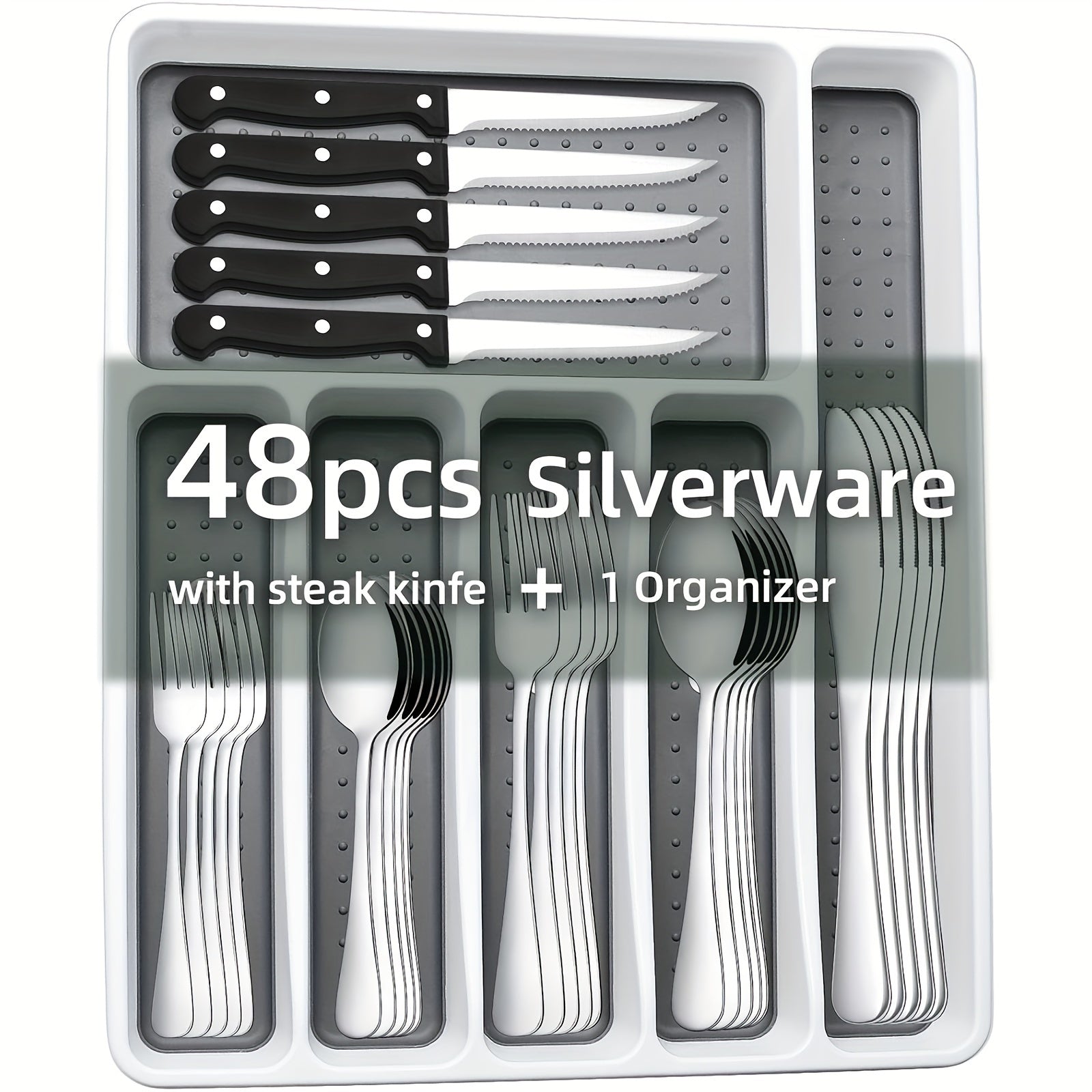 TEMU 49-piece Silverware Set With Organizer, Stainless Steel Flatware Cutlery Set Service For 8, Mirror Polished Kitchen Utensils Set With Steak