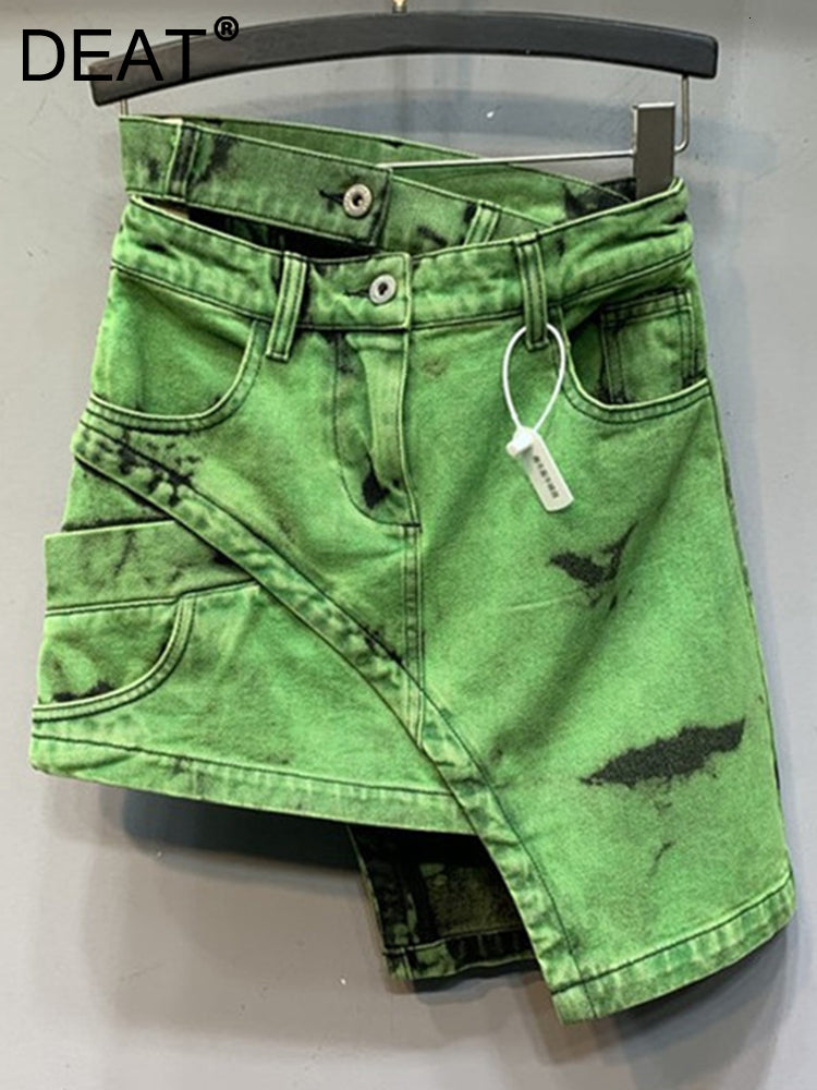 Skirts DEAT Fashion Women&#039;s Skirt High Waist Asymmetric Sashes Tie Dye Streetwear Above Knee Denim Summer 2023 17A1759 230110