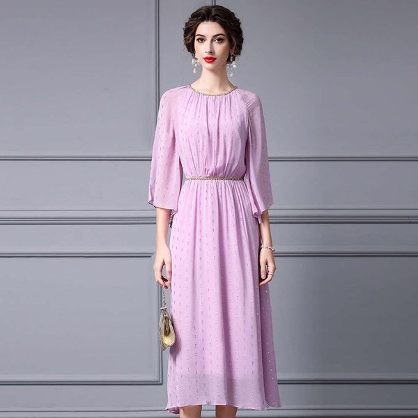 Pink Elegant Temperament Heavy Industry Nail Bead Waist Slimming Off Raglan Sleeves Big Swing Dress Autumn 2024 New Item Pregnant Womens Dre