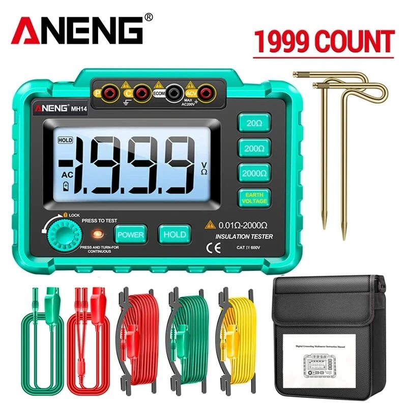 ANENG Green Color MH14 Ground Resistance Megohm 1999 Conuts Meter Testers Megohmmeter Voltmeter Ohm Detector without Bat