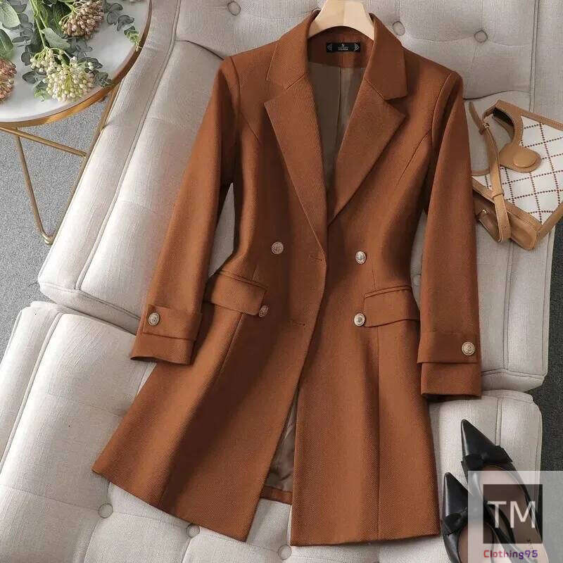 Autumn Winter Women Long Blazer Khaki Coffee Black Office Ladies Formal Jacket Business Work Wear Coat Female Outerwear 240306