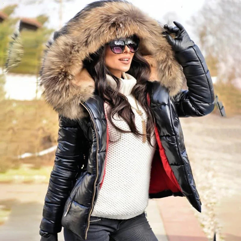 Thick Parka Fur Collar Hooded Women Jacket Coat Winter Ladies Casual Zipper Short Fashion Cotton Padded Warm Outwear 241209