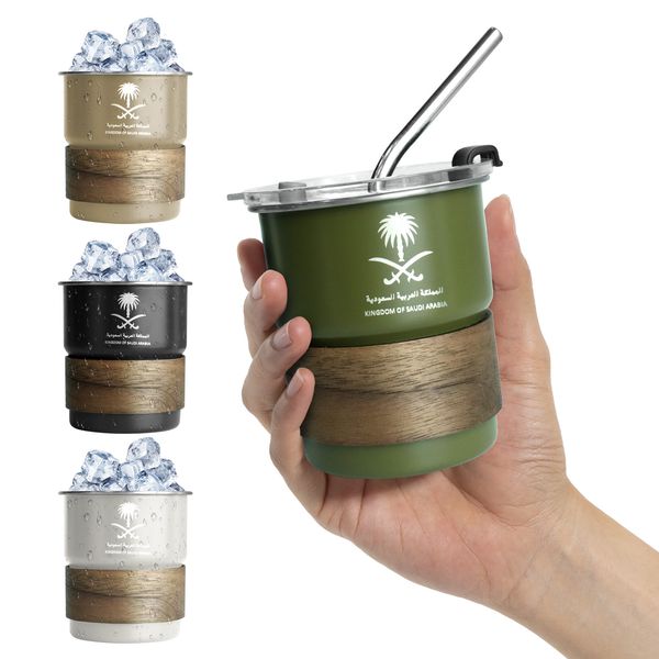 300Ml National Emblem Of Saudi Arabia Coffee Stainless Steel Water Cup Outdoor Camping Beer Mug With Lid Straw For Gift