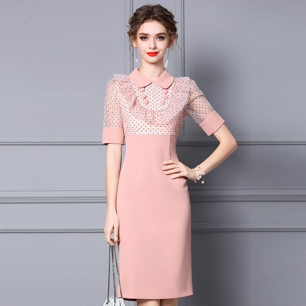 Party Dresses Patchwork Gentle wind dress summer women high sense doll collar polka dot pink high waist slim dress 230322