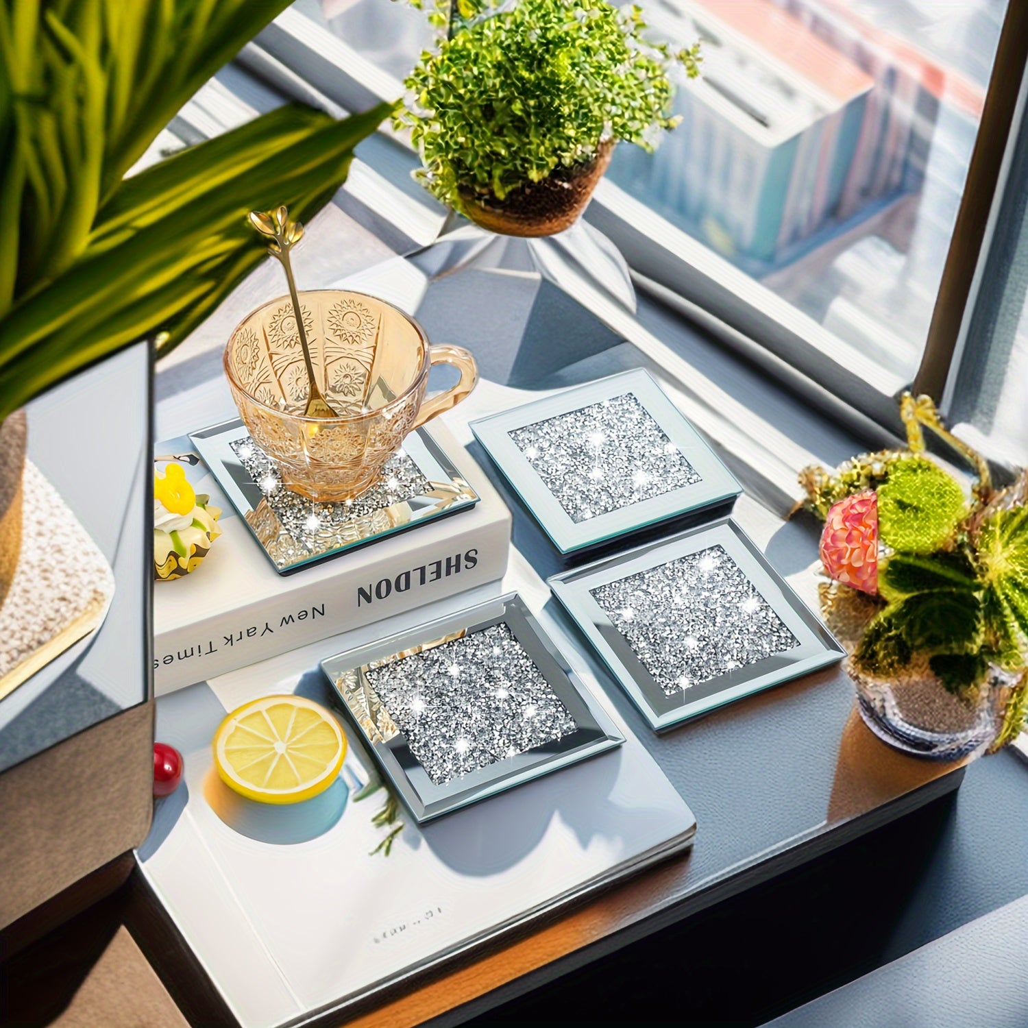 TEMU Crystal Crushed Insulated Coasters Set Of 4, Fashionable Glass Mirror, Square Coasters, Suitable For Tea Coasters, Coffee Mats, Placemats, Party