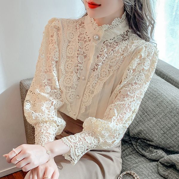 Fashion Lace Blouse Women White Shirt Spring Puff Sleeve Slim Stand Collar Hollow Lace Stitch Top Elegant Blouses