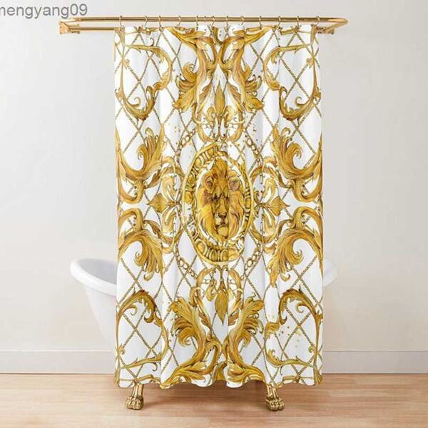 Shower Curtains Golden Baroque Symmetrical Shower Curtain golden Lion and Damask Ornament Luxury Design Gold Lace Bathroom Shower Curtains S