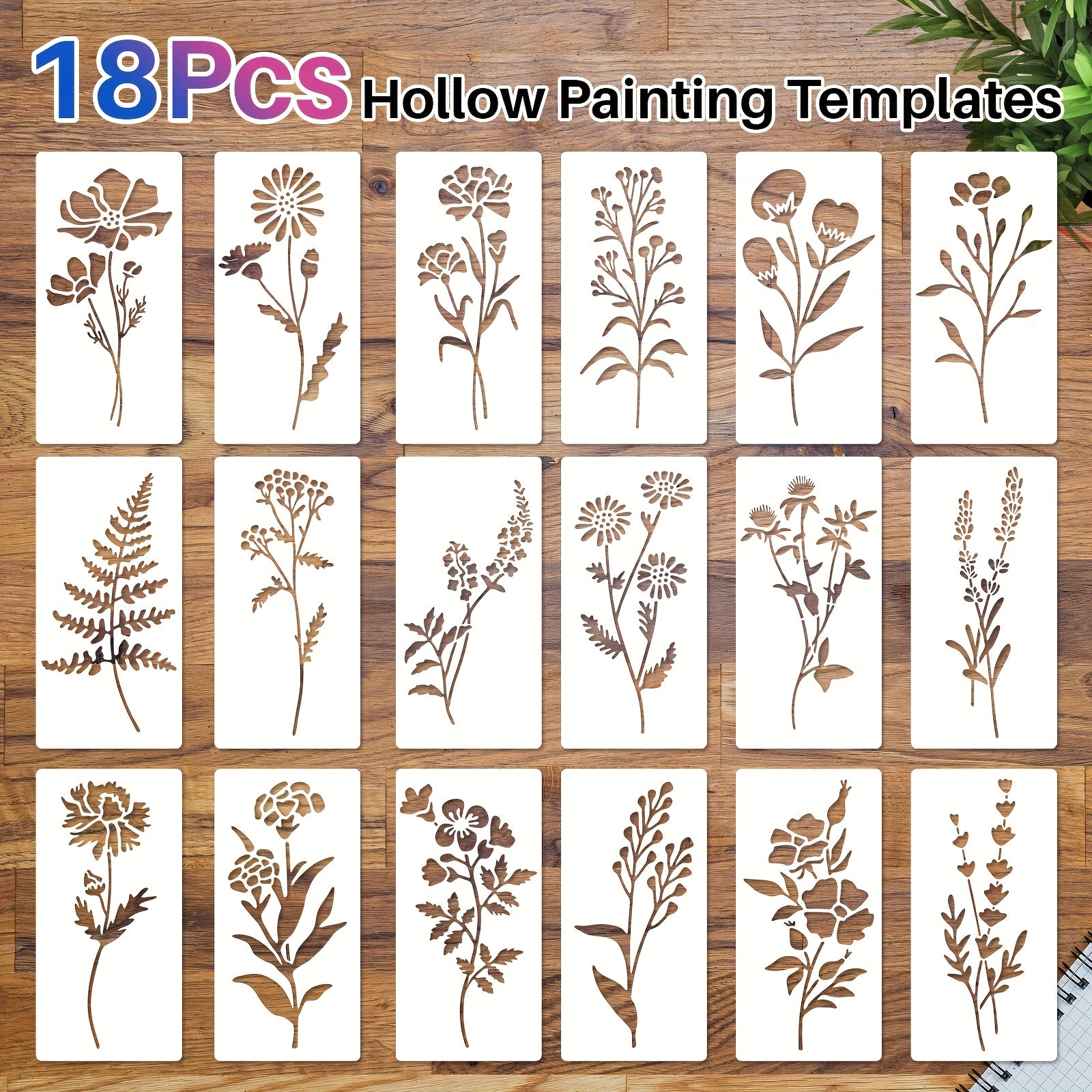 TEMU 18pcs Reusable Floral Painting Templates - Durable Pet Material, Intricate Flower Designs For Wood, Wall, Furniture Crafts - Diy Art Projects,