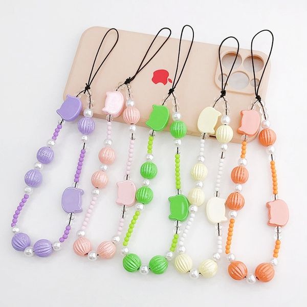 ddmygifts Creative Pearl Cat Head Chain Pumpkin Beads Hanging Anti Drop Hand Rope Phone Case Pendant Female A