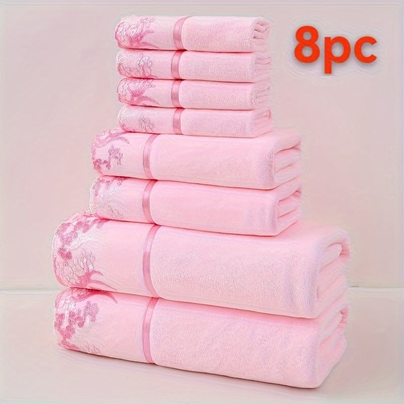 TEMU 8-piece Set, Lace Trim Towels, Bath Towels & Hand Towels, Polyester, Knitted Fabric, 350g-㎡, For Home, Kitchen, Outdoor, Bathroom Use
