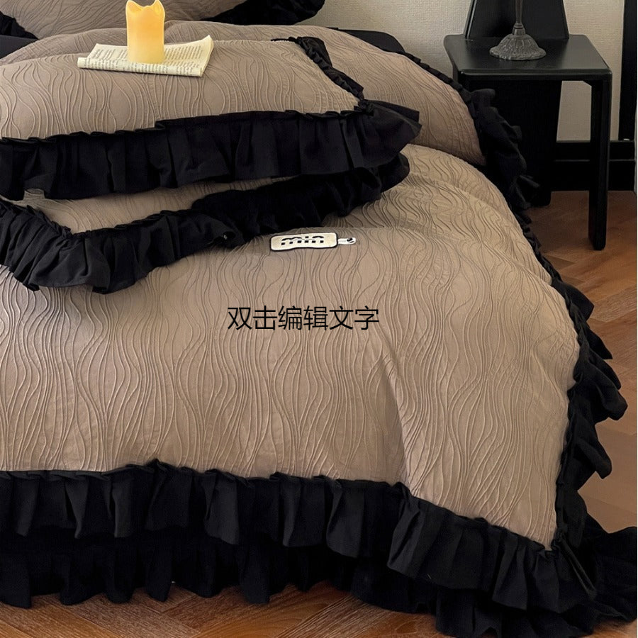 Retro Light Luxury Cotton Washed Cotton Simple Solid Color Lotus Leaf Lace Duvet Cover Bedding R5
