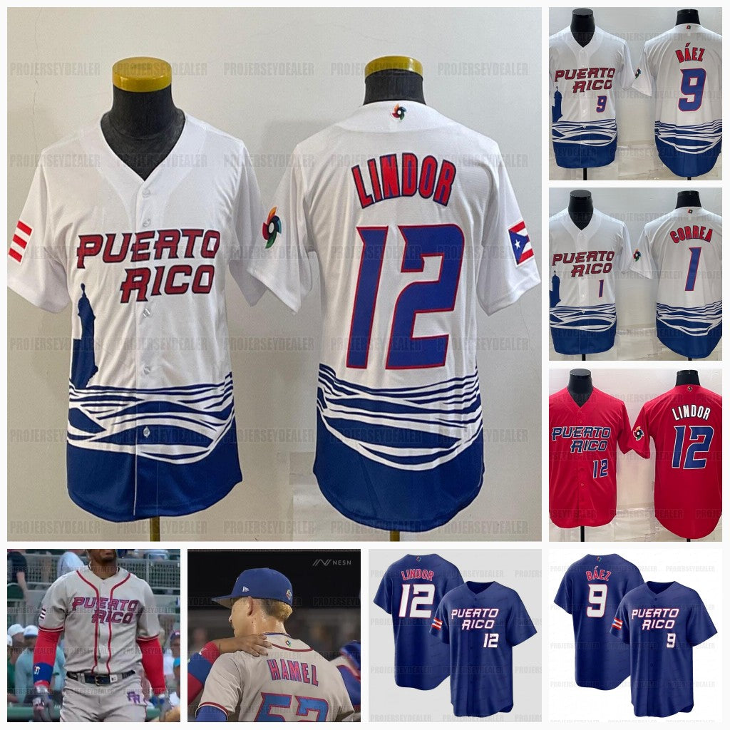 Team Puerto Rico 2023 World Baseball Classic Jersey WBC Francisco Lindor Carlos Correa Javier Baez Edwin Diaz Marcus Stroman Enrique Hernandez Eddie