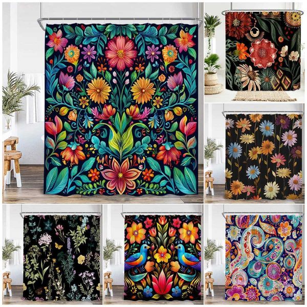 Bohemian Flower Shower Curtains Retro Bohemian Flower Plants Dark Herbal Retro Bathroom Decoration Waist Flower Polyester Shower Curtains W2