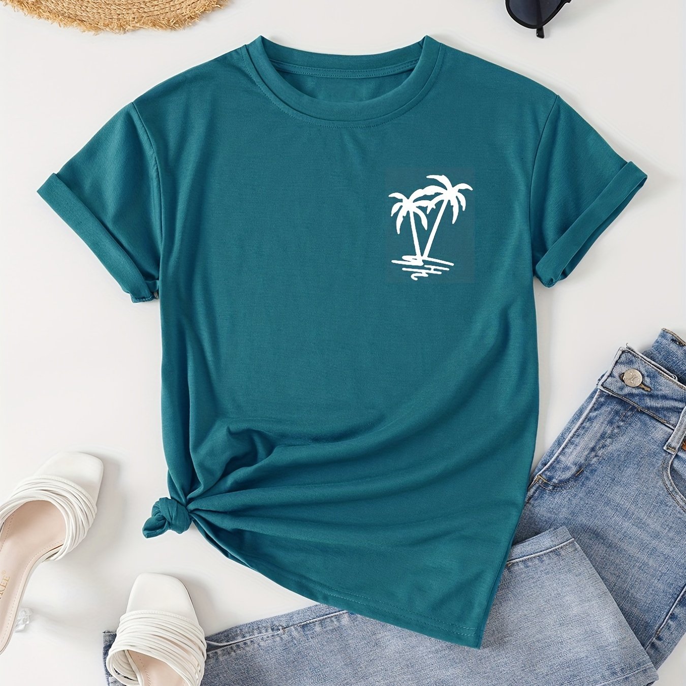 TEMU Women's Casual T-shirt - Short Sleeve Crew Neck, Plant Print With Palm Tree & " On A Cruise" Design, Lightweight Polyester, Spring-summer-fall,