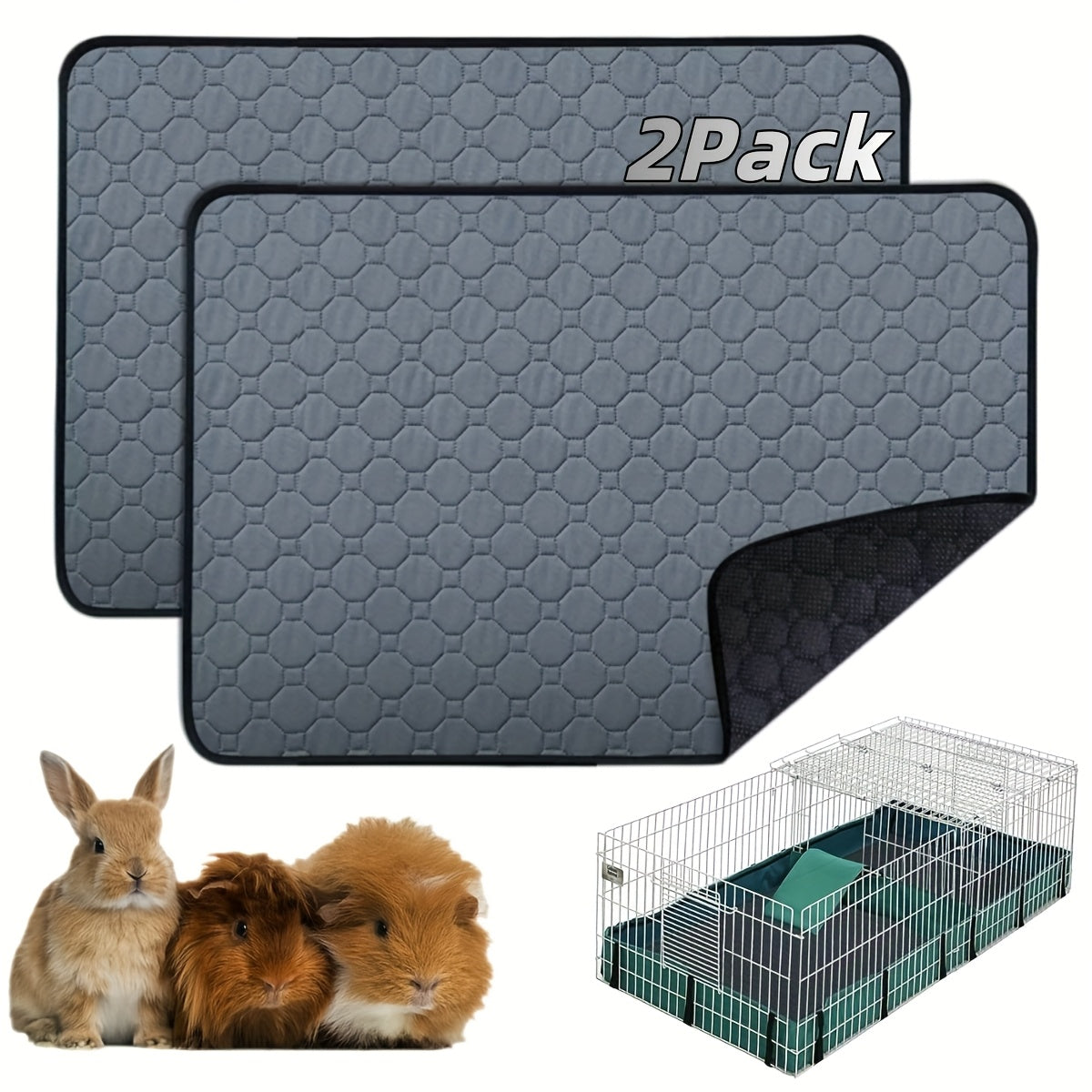 TEMU 2pcs Washable Guinea Pig Cage Liners - Reusable, Anti-slip, Waterproof Bedding For Small Animals, Rabbits, Bunnies, , - Hexagonal-patterned Gray