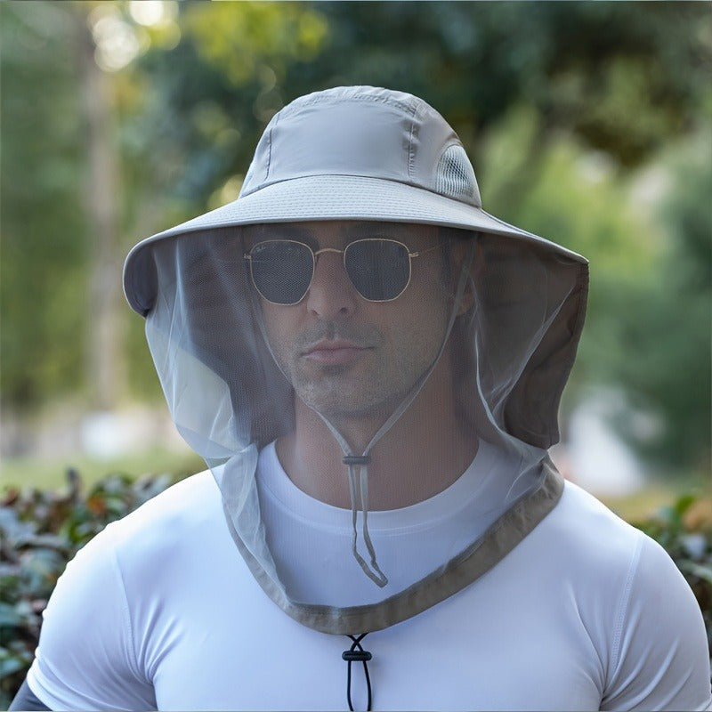 TEMU Men's Outdoor Mesh Fishing Hat With Breathable Face Mask - Sunscreen, Adjustable Neck Cover, Lightweight Polyester Fiber, Mixed Color, Suitable