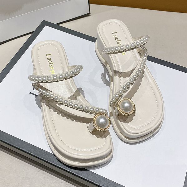 Fashion Summer Ladies High-Heeled Flip-Flops Outdoor Thick Sole Non-Slip Wedge Sandals Rhine-Diamond Beach Slippers