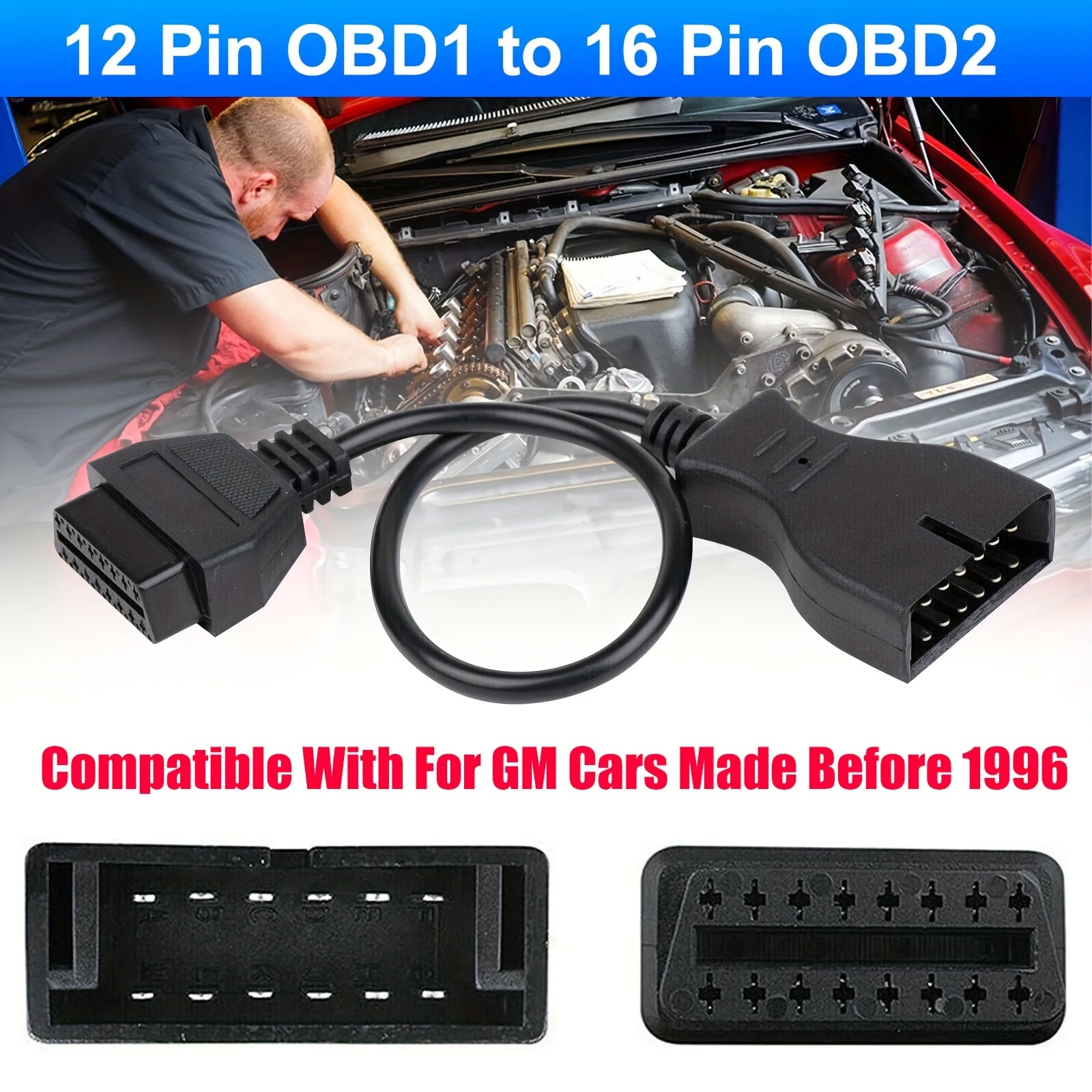 TEMU 12-pin Obd1 To 16-pin Adapter Cable For - Black Connector With Corrugated Wires, Compatible With Vintage Gm Vehicles Before 1996, Diagnostics