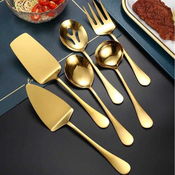 Stainless Steel Large Golden Serving Spoon Western Dishes Tableware Steak Fork Shovel Colander Home Cutlery Set Kitchen Utensils X250210