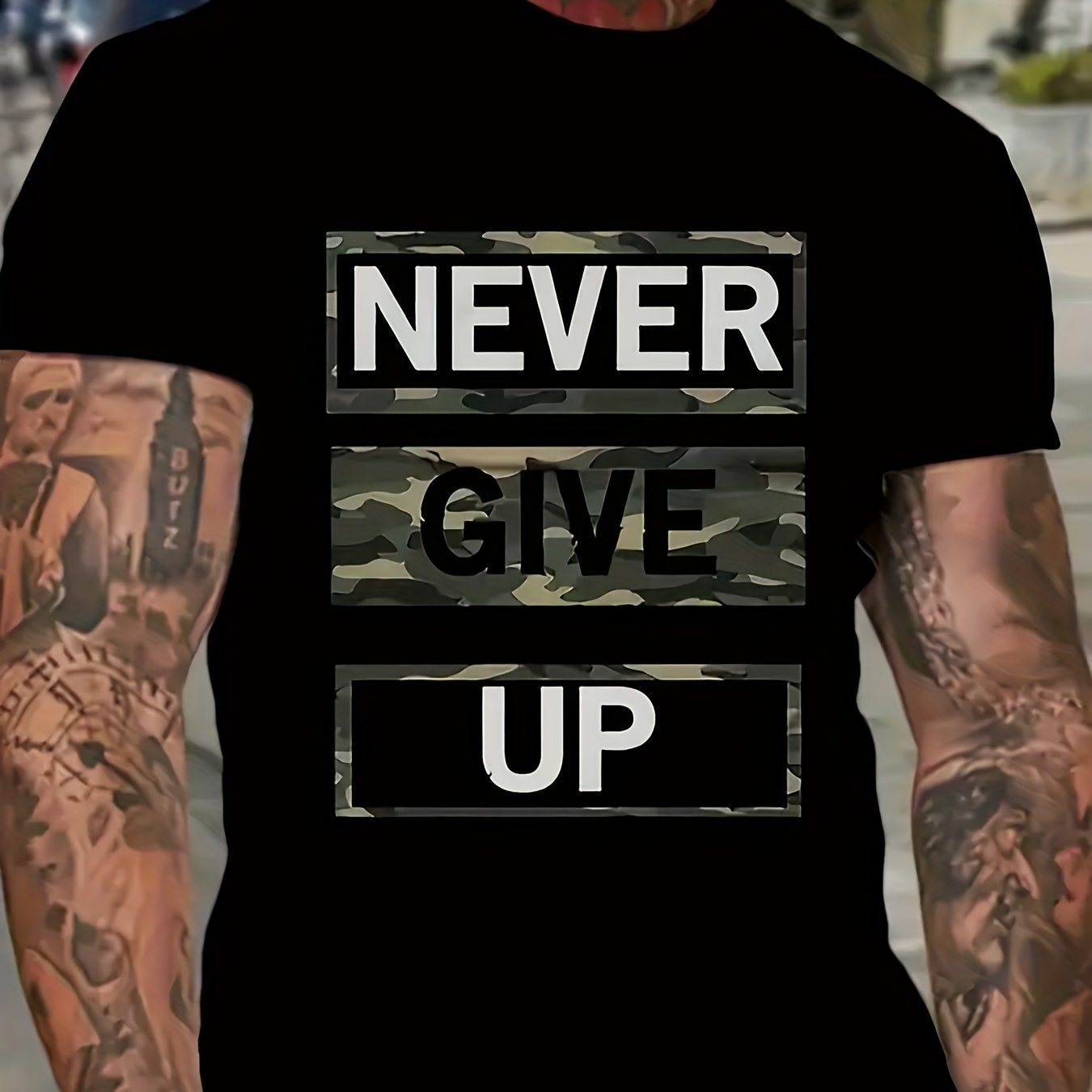 TEMU Men's Inspirational "never Give Up" Print T-shirt, 100% Cotton Crew Neck Short Sleeve Tee, Casual Knit Fabric Top With Slight Stretch, Regular