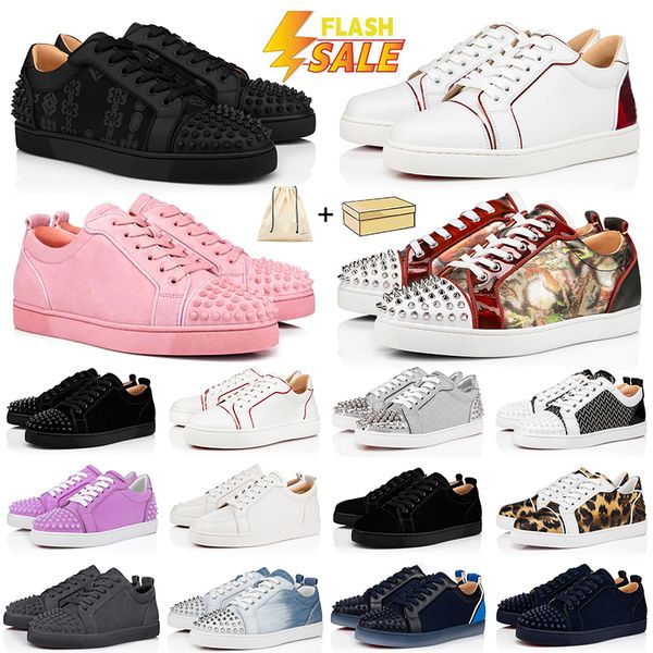 Luxury Designer Low Dress Shoes Mens Casual Shoes Sneakers Glitter Grey Rivets Leather Suede Black Red Navy Blue bottomshoes Camo Pink Men W