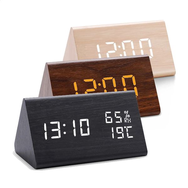 Voice Control Wooden Alarm Clock Smart LED Digital for Bedside Table Decor Electronic Desk with Temperature Humidity 250107
