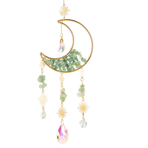 1Pc Alloy & Natural Gemstone Chips Moon Hanging Ornaments
