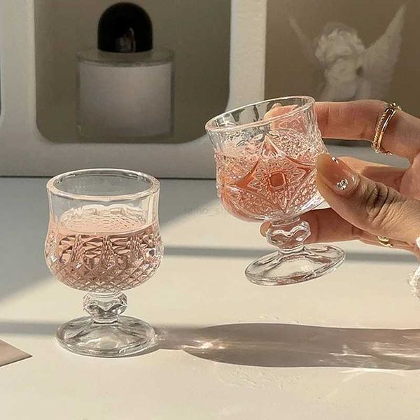 Korean Style Engraved Embossed Small Goblet Glass Cup For Soju Sake Liquor Short Stemmed GlassB240719