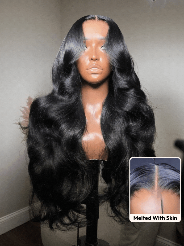 UNice HD Real Scalpâ¢ Wig 13x4 Invisible Lace Frontal Body Wave Black Wig & Wig With Face Framing Curtain Bangs With Invisi Drawstring