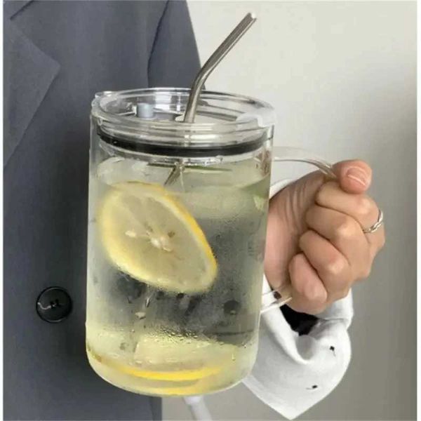 1L Drinking Glass Tumbler With Lid And Straw Glass Coffee Cup Glass Mug Milk Juice Cup Transparent Cup Juice Mocha CupsXJ241205