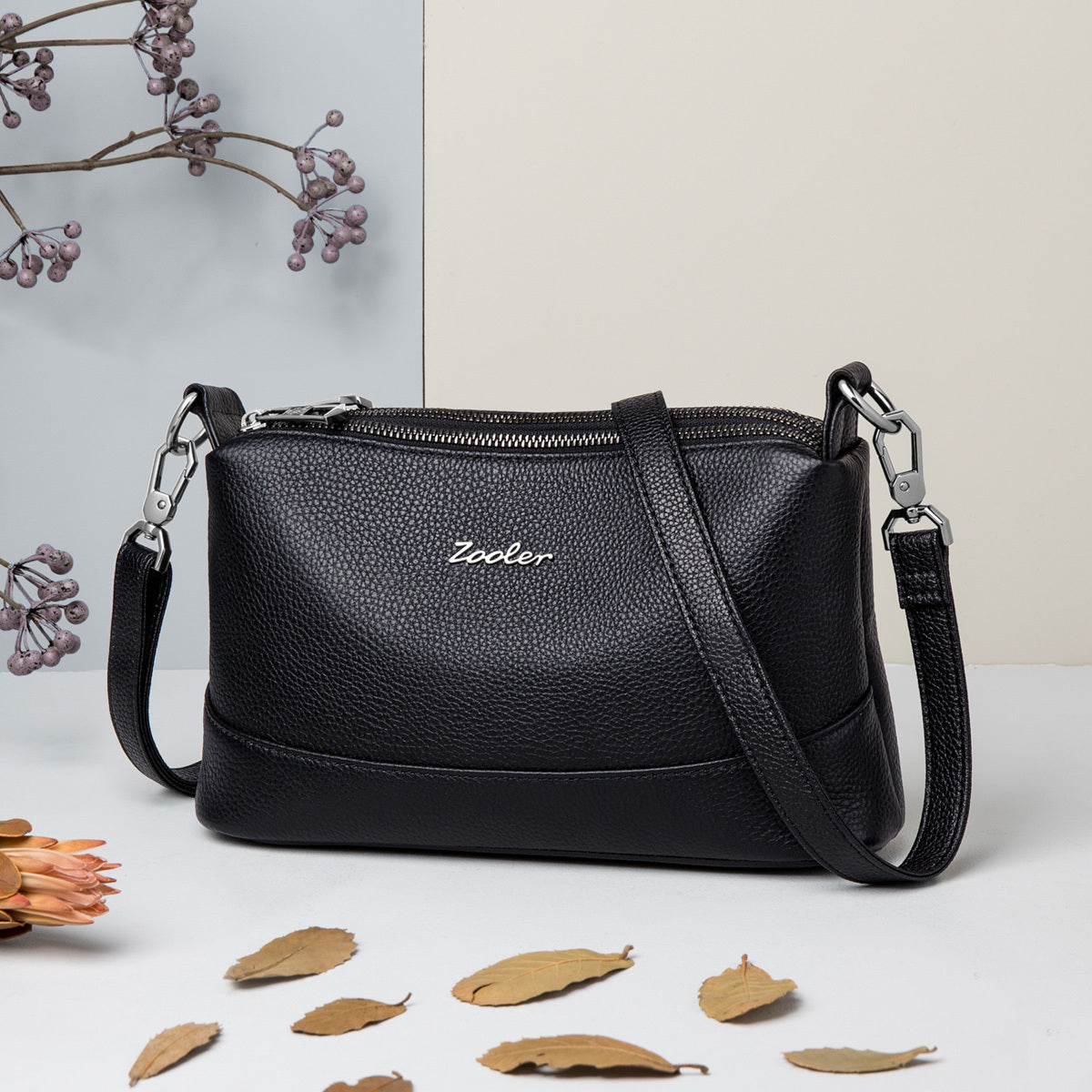 TEMU Julie 2025 Women's Fashion Messenger Bag, Genuine Leather Crossbody Shoulder Purse, Solid Black, Adjustable Strap, Zipper Closure, Polyester