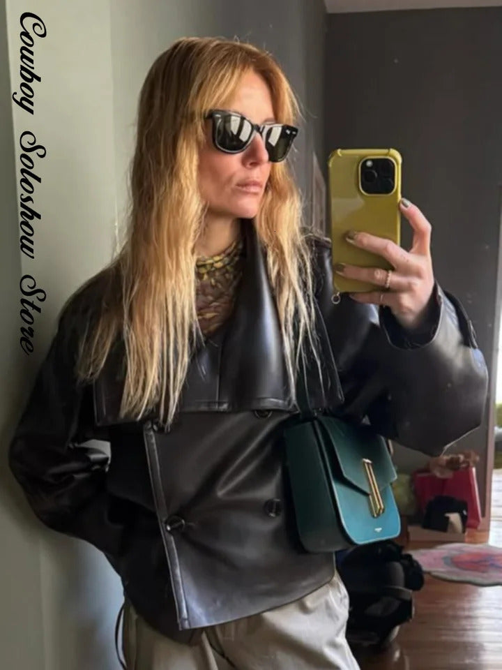 Street Womens Belt Leather Jackets Stand Collar Double Breasted Pockets Long Sleeve Coats Autumn Lady Locomotive Outwears 250908