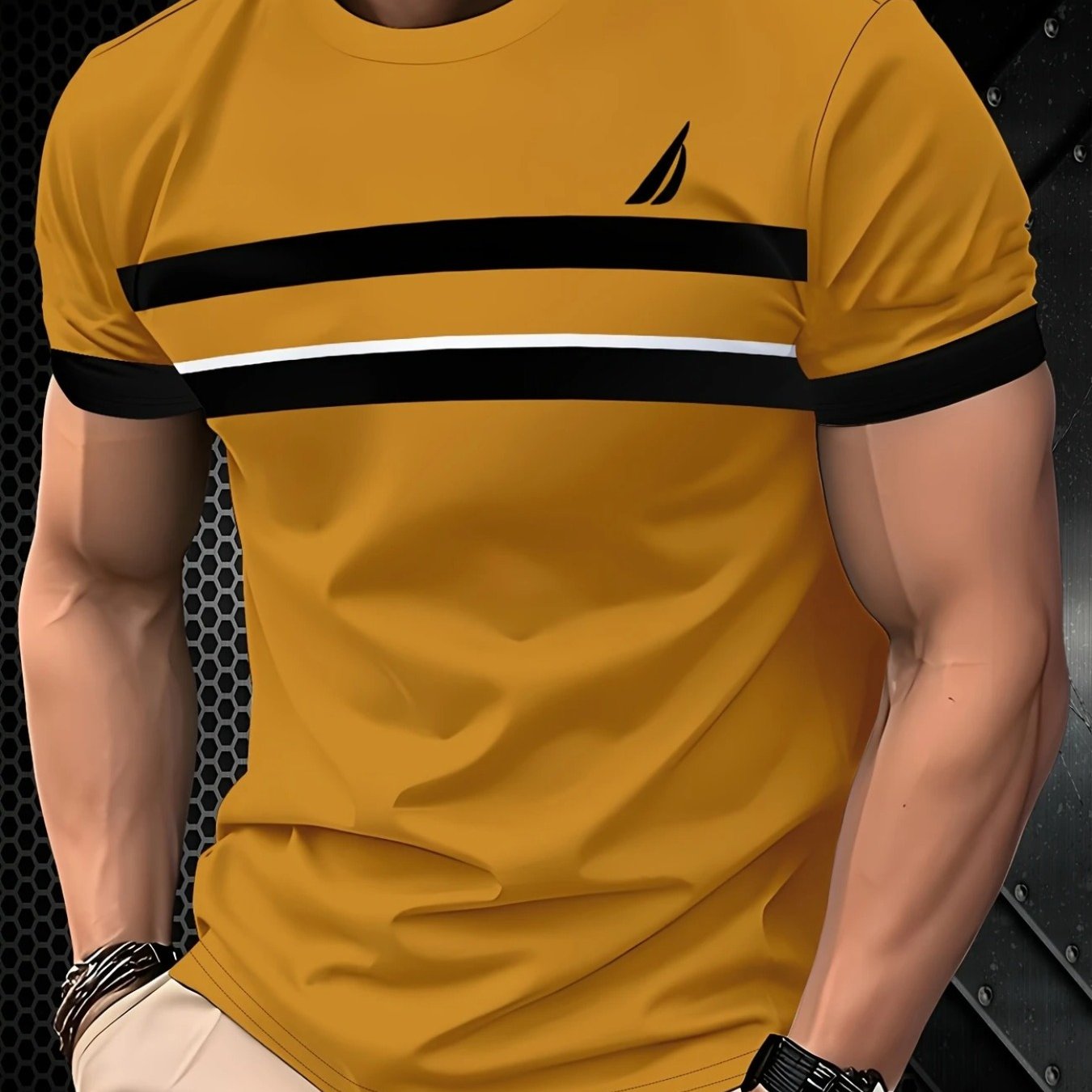 TEMU Men' Fashion, Lightweight Short-sleeved Tops, Casual Trendy Neck Short-sleeved T-shirts, Creative With Black Stripes Print Design